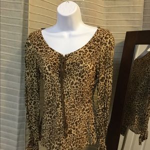 Leopard Print Sheer Blouse with lace-up neckline